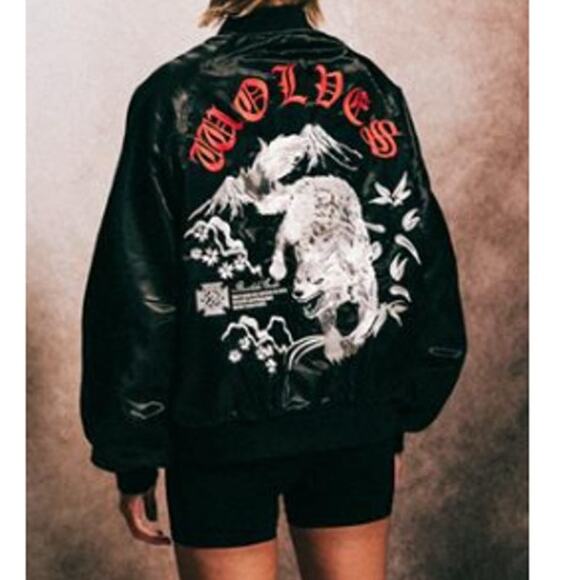 Darc Sport Unisex Black Okami Cropped Satin Bomber Zip Jacket Size XL - Picture 1 of 15